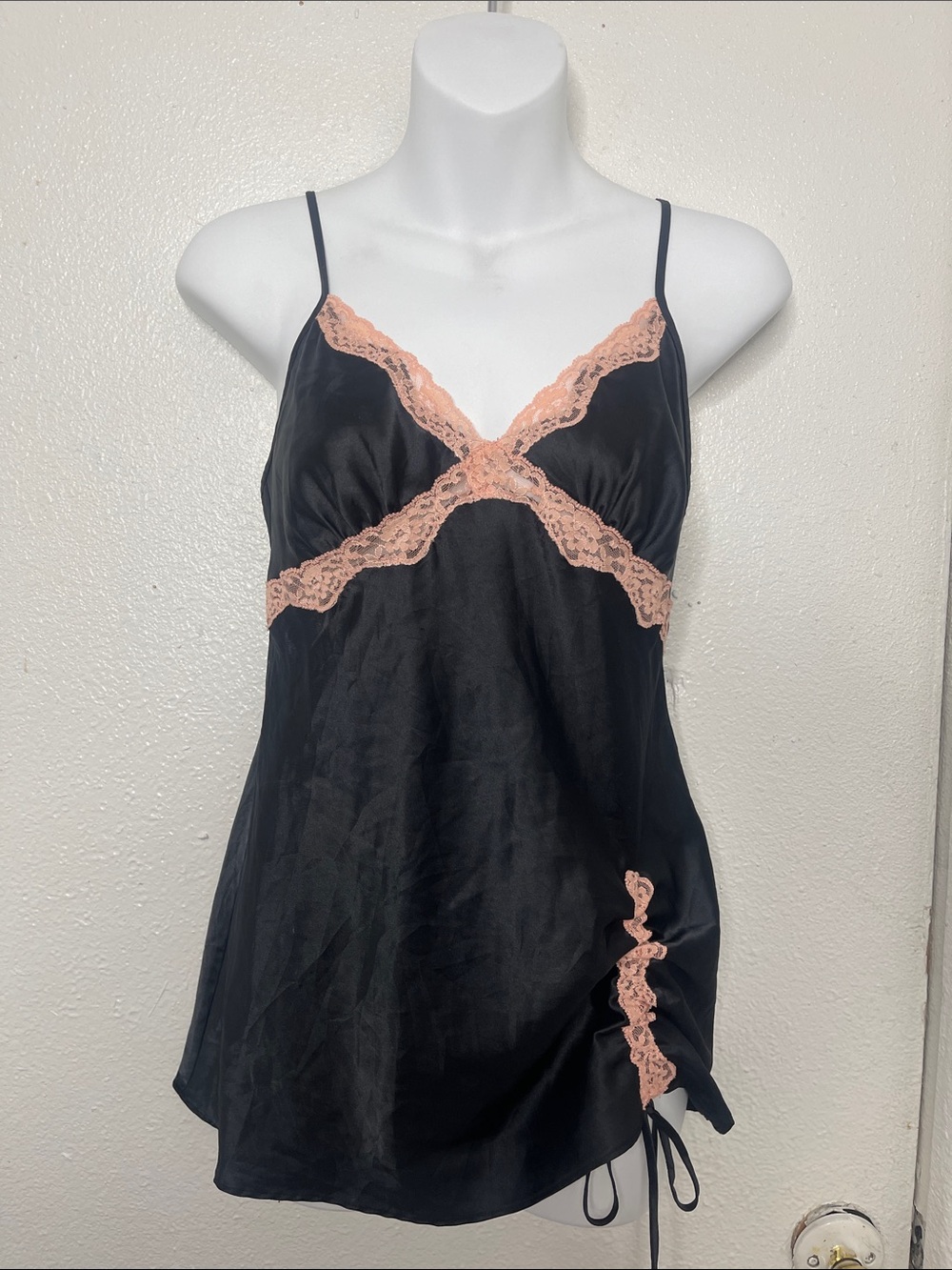VICTORIA SECRET Black Satin Lace-Trim Chemise with Pink Lace Accents- SMALL